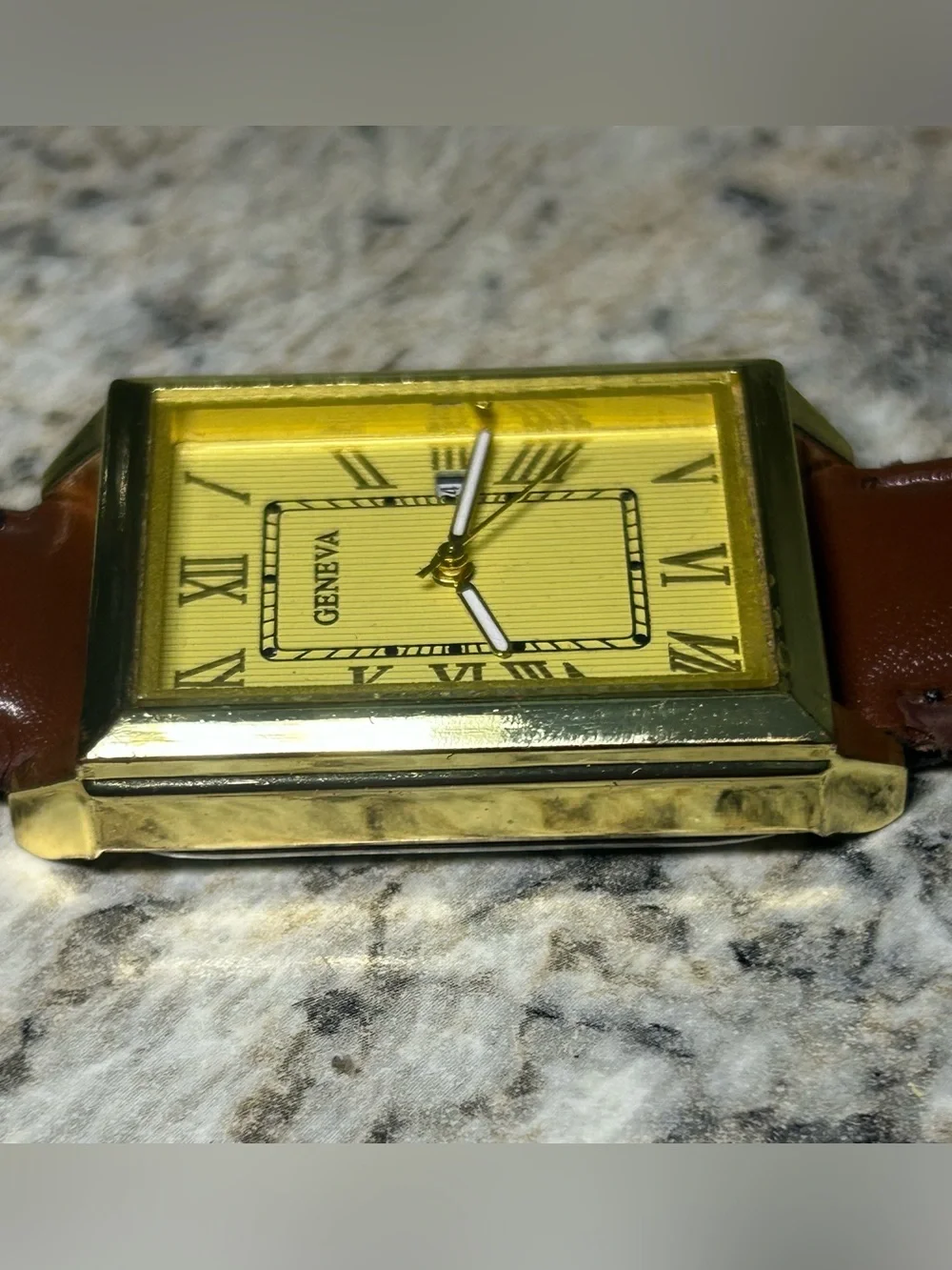 Geneva 37mm Gold Tone Tank Quartz Watch Brown Strap Read